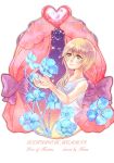  absurdres bangs bare_arms bare_shoulders blonde_hair blue_eyes blue_flower closed_mouth copyright_name curtains dress eyebrows_visible_through_hair flower hair_between_eyes hair_over_shoulder heart highres kingdom_hearts long_hair namine nemu_(nemu_heart813) smile solo sparkle white_dress 