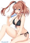  alternate_costume ass between_legs bikini black_bikini blue_eyes blush breasts brown_hair commentary_request food hair_between_eyes hair_ornament hand_between_legs highres holding holding_food kantai_collection knee_up large_breasts long_hair looking_at_viewer navel popsicle saratoga_(kantai_collection) side_ponytail sidelocks simple_background sitting skindentation smile smokestack smokestack_hair_ornament solo stomach swimsuit thighs tongue tongue_out white_background yamato_(083) 