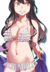  bad_id bad_nicoseiga_id bikini black_hair breasts commentary_request frilled_bikini frills green_eyes grin kantai_collection large_breasts long_hair looking_at_viewer multicolored_hair naganami_(kantai_collection) navel pink_hair simple_background smile solo swimsuit uyama_hajime white_background white_bikini 