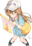  absurdres bag black_footwear blue_shirt boots brown_eyes brown_hair brown_shorts commentary flag hat hataraku_saibou highres holding long_hair looking_at_viewer mouth_hold omochi_(okowa_913) platelet_(hataraku_saibou) shirt shorts simple_background solo whistle white_background 
