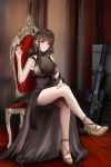  ahoge alternate_costume alternate_hairstyle armlet ass bangs bare_shoulders black_dress blunt_bangs blush breasts brown_hair chair champagne_flute closed_mouth collarbone commentary_request crossed_legs cup curly_hair dress drinking_glass dsr-50_(girls_frontline) dsr-50_(weapon) earrings eyebrows_visible_through_hair girls_frontline gold_footwear gun high_heels highres holding holding_cup indoors jewelry large_breasts leaning_forward letter light_particles long_hair looking_at_viewer md5_mismatch petals red_eyes rifle ruby_(stone) sidelocks sitting skindentation smile solo thighs very_long_hair weapon yakumo_yukarii 
