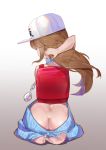  1girl arm_behind_head ass backless_dress backless_outfit backpack bag bare_back barefoot blue_sweater brown_hair butt_crack crime_prevention_buzzer dress from_behind full_body gradient gradient_background grey_background hataraku_saibou highres long_hair meme_attire naked_sweater platelet_(hataraku_saibou) randoseru simple_background sitting sk_tori solo sweater sweater_dress virgin_killer_sweater 