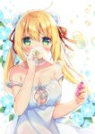  ahoge anzu_(sumisaki_yuzuna) bangs bare_arms bare_shoulders blonde_hair blue_flower blush bubble bubble_blowing bun_cover commentary_request covered_mouth double_bun dress eyebrows_visible_through_hair flower green_eyes hair_between_eyes hair_ribbon hand_up holding long_hair looking_at_viewer morning_glory original red_ribbon ribbon side_bun sleeveless sleeveless_dress solo strap_slip sumisaki_yuzuna twintails very_long_hair white_background white_dress 