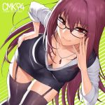  adjusting_eyewear bangs black_legwear blue_skirt breasts cleavage closed_mouth collarbone commentary_request downblouse dress_shirt fate/grand_order fate_(series) garter_straps glasses green_background hair_between_eyes hand_on_hip jewelry large_breasts leaning_forward long_hair looking_at_viewer necklace purple_hair red_eyes scathach_(fate)_(all) scathach_(fate/grand_order) shirt shoukaki_(earthean) skirt sleeves_rolled_up smile solo thighhighs thighs 