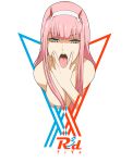  absurdres artist_name bangs blunt_bangs breasts cunnilingus_gesture darling_in_the_franxx half-closed_eyes highres implied_yuri large_breasts naughty_face nude open_mouth pink_hair r3dfive solo tongue tongue_out transparent_background zero_two_(darling_in_the_franxx) 