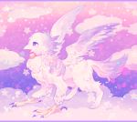  2017 3756c :d abstract_background avian beak bell bird_feet cloud collar feathered_wings feathers female feral gryphon happy on_cloud pink_theme purple_eyes side_view sky smile solo spread_wings standing talons wings 