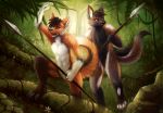  2018 anthro black_nose canine chibity detailed_background dog duo featureless_crotch fox fray_the_fox fur german_shepherd green_eyes jungle male mammal melee_weapon multicolored_fur nude plant polearm ritter_(krazykit) roots smile spear tree weapon 