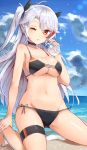  alternate_costume antenna_hair azur_lane bangs beach bikini black_bikini blue_sky blush bottle breasts brown_eyes cloud collarbone commentary_request day eyebrows_visible_through_hair flag_print german_flag_bikini groin hair_between_eyes highres holding holding_bottle iron_cross kneeling large_breasts long_hair looking_at_viewer md5_mismatch mole mole_on_breast multicolored_hair navel one_eye_closed outdoors prinz_eugen_(azur_lane) red_hair sand silver_hair skindentation sky smile solo stomach streaked_hair swimsuit thigh_strap two_side_up very_long_hair xenonstriker 