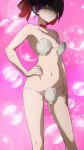  armpits bangs bikini blunt_bangs breasts bubble_background choker frown gegege_no_kitarou hair_ribbon hand_on_hip haruyama_kazunori navel nekomusume nekomusume_(gegege_no_kitarou_6) pink_background pointy_ears purple_hair red_choker red_ribbon ribbon shaded_face shell shell_bikini short_hair small_breasts solo sparkle standing swimsuit yellow_eyes 