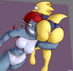  2018 abs alphys anthro big_butt blue_skin blush breasts butt camel_toe clothed clothing digital_media_(artwork) duo eye_patch eyewear female fish freepancakes glasses hair hi_res humanoid marine muscular open_mouth pussy_floss red_hair reptile scalie shark_swimsuit simple_background smile standing swimsuit teeth undertale undyne video_games yellow_sclera 