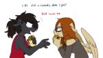  2018 annoyed anthro bags_under_eyes burger clothing dialogue duo eating english_text equine eyewear fan_character female food glasses horse mammal my_little_pony pegasus pony red_(oc) redxbacon replica_(oc) sitting sweat text wings 