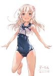  artist_name barefoot black_neckwear blonde_hair blue_eyes blue_sailor_collar blue_swimsuit character_name commentary_request crop_top flower hair_flower hair_ornament highres japanese_flag kantai_collection long_hair looking_at_viewer moupii_(hitsuji_no_ki) one-piece_swimsuit one-piece_tan open_mouth outstretched_arms ro-500_(kantai_collection) sailor_collar school_swimsuit simple_background smile solo standing standing_on_one_leg swimsuit swimsuit_under_clothes tan tanline white_background 