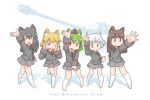  animal_ears black_hair blonde_hair borisx brown_eyes brown_hair cat_ears cat_girl commentary_request green_hair ground_vehicle highres long_hair military military_uniform military_vehicle motor_vehicle multiple_girls original smile socks tank tiger_i uniform white_background white_hair 