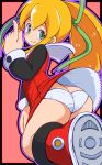  ass bad_id bad_pixiv_id blush_stickers boots commentary_request dress from_behind green_eyes hair_ribbon index_finger_raised kneeling long_sleeves looking_at_viewer looking_back panties ponytail ribbon rockman roll smile tau_(tau_2017) underwear white_panties wind wind_lift 