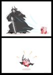  2koma armor black_cloak comic commentary_request copy_ability eiri_(eirri) fate/grand_order fate_(series) glowing glowing_eyes horns king_hassan_(fate/grand_order) kirby kirby_(series) open_mouth skull skull_mask spikes sword transformation weapon white_background 