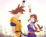  1girl :o ^_^ arch_lapin bangs bare_arms bare_shoulders black_eyes black_hair chi-chi_(dragon_ball) chinese_clothes clenched_hand closed_eyes dougi dragon_ball dragon_ball_(classic) floating_hair gradient gradient_background happy height_difference long_hair looking_up open_mouth outstretched_arm outstretched_hand pink_background plant ponytail profile short_hair simple_background smile son_gokuu spiked_hair upper_body white_background wristband 