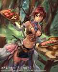  armor bikini_armor bow_(weapon) breasts copyright_name cuboon food green_eyes jewelry large_breasts lost_crusade meat navel necklace official_art one_eye_closed red_hair sauce short_hair smile solo weapon 