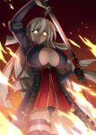  ahoge black_panties breasts cleavage cleavage_cutout commentary_request dark_skin dress fate/grand_order fate_(series) fire flame glowing glowing_eyes hair_between_eyes hellandheaven highres hips holding holding_weapon katana large_breasts long_hair okita_souji_(alter)_(fate) okita_souji_(fate)_(all) panties red_dress sheath solo sword thigh_strap thighs underwear unsheathing very_long_hair weapon white_hair yellow_eyes 