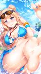  :p bangs barefoot bikini blonde_hair blue_bikini blue_eyes blue_sky blunt_bangs blush breasts choker cleavage cloud commentary_request day earrings eyebrows_visible_through_hair eyewear_on_head feet frilled_skirt frills galko hair_bun hozumi_kaoru jewelry large_breasts legs long_hair looking_at_viewer oshiete!_galko-chan pool sitting skirt sky smile soles solo splashing stomach sunglasses swimsuit toes tongue tongue_out underboob water 