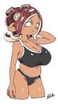 2018 animal_humanoid big_breasts breasts camel_toe cephalopod cephalopod_humanoid cleavage clothed clothing dark_skin female green_eyes hair humanoid marine midriff navel nintendo octoling panties pose red_hair shirt short_hair simple_background skimpy solo splatoon standing tank_top tentacle_hair tentacles underwear video_games white_background yuta_agc 