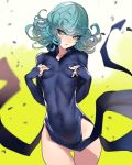  ban black_dress blurry blurry_background breasts covered_navel covering_nipples cowboy_shot curly_hair debris depth_of_field dress eyebrows_visible_through_hair green_eyes green_hair highres impossible_clothes long_sleeves looking_at_viewer no_panties one-punch_man parted_lips pelvic_curtain short_hair small_breasts solo standing tatsumaki thigh_gap wind wind_lift 