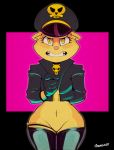  anthro bottomless cat clothed clothing featureless_crotch feline gloves hat jacket leather leather_jacket legwear looking_at_viewer mammal navel partial_nudity pink_background simple_background stockings vimhomeless 