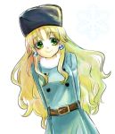  blonde_hair blue_coat blue_earrings breasts buttons closed_mouth coat commentary_request earrings eyelashes fu-maru fur_collar fur_hat fur_trim green_eyes hat jewelry kalinka_cossack long_hair looking_at_viewer rockman rockman_(classic) rockman_xover smile solo 