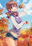  :d ahoge arm_up autumn autumn_leaves blue_sky blurry blurry_background blush brown_eyes brown_hair cloud cowboy_shot day denim denim_shorts depth_of_field from_side futaba_tae hair_between_eyes highres holding holding_leaf leaf long_sleeves looking_at_viewer looking_to_the_side masamune-kun_no_revenge multicolored multicolored_clothes multicolored_scarf open_mouth outdoors print_scarf print_sweater scan scarf short_hair short_shorts shorts sky sleeves_past_wrists smile solo sweater thighs tiv tree 