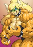  anthro blonde_hair blue_eyes bowser bowsette_meme bracelet breasts cleavage clothed clothing collar crossgender female grin hair horn hyper hyper_muscles jewelry koopa leotard looking_at_viewer mario_bros muscular muscular_female nintendo pokkuti scalie sharp_teeth simple_background smile solo spiked_bracelet spiked_collar spikes standing super_crown teeth video_games 