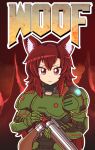  :3 absurdres animal_ears armor breastplate brown_eyes brown_hair closed_mouth commentary cosplay doom_(2016) doom_(game) doomguy doomguy_(cosplay) double_barrels english_commentary gauntlets gun hair_between_eyes highres holding holding_gun holding_weapon imaizumi_kagerou long_hair looking_at_viewer majormilk outline parody pauldrons power_armor red_eyes revision sawed-off_shotgun shotgun shotgun_shells shoulder_armor smile solo title_parody touhou turtleneck upper_body v-shaped_eyebrows weapon wolf_ears wool_(miwol)_(style) 