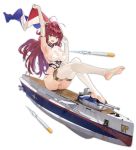  ahoge arm_up armpits azur_lane bare_shoulders barefoot bikini_bottom breasts cannon cross elbow_gloves eyebrows_visible_through_hair fang flag floating french_flag full_body gloves green_eyes hair_ornament hand_up holding holding_flag large_breasts leg_up long_hair looking_at_viewer machinery mr_cloud official_art open_mouth propeller red_hair sideboob sitting sleeveless soles solo stirrup_legwear surcouf_(azur_lane) thighhighs toeless_legwear torpedo transparent_background turret white_gloves white_legwear 
