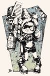 2018 5_fingers animal_humanoid boots cephalopod cephalopod_humanoid clothed clothing eyewear female footwear goggles holding_object holding_weapon humanoid looking_at_viewer marine midriff monochrome navel nintendo octoling pose shorts solo splatoon standing tentacle_hair tentacles video_games water_gun weapon yuta_agc 