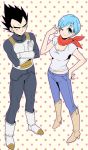  1girl armor black_eyes black_hair blue_hair blush boots bulma cowboy_boots crossed_arms denim dragon_ball dragon_ball_super dragon_ball_z dragon_ball_z_fukkatsu_no_f expressionless eyebrows_visible_through_hair frown full_body gloves hand_on_hip jeans kanekiyo_miwa looking_at_another looking_at_viewer looking_up neckerchief pants pink_background red_neckwear serious shirt short_hair simple_background spiked_hair v vegeta white_shirt 