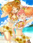  arm_up armpits beach bikini blurry blurry_background breasts brown_eyes cleavage day eyebrows_visible_through_hair hand_on_hip idolmaster idolmaster_cinderella_girls jougasaki_mika lei lens_flare long_hair looking_at_viewer medium_breasts midriff miyabi_akino moroboshi_kirari multiple_girls navel one_eye_closed open_mouth pink_hair pleated_skirt pom_poms ponytail sandals short_hair skirt swimsuit yellow_eyes 