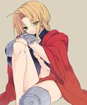  1girl androgynous blonde_hair braid breasts edward_elric fullmetal_alchemist genderswap long_hair navel nipples no_pants open_clothes open_shirt rule_63 shirt sitting smile yellow_eyes yukimachi_tounosuke 