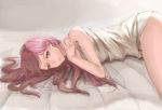  absurdres bangs bed_sheet blue_eyes darling_in_the_franxx grey_background grey_shirt highres horns liudaohai6001 long_hair looking_at_viewer lying naked_shirt on_side parted_bangs parted_lips pink_hair shirt sketch sleeveless sleeveless_shirt solo zero_two_(darling_in_the_franxx) 