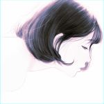  black_eyes black_hair blue_bow bob_cut bow commentary_request from_side half-closed_eyes ilya_kuvshinov parted_lips portrait profile short_hair simple_background solo white_background 
