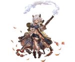  bangs blue_shorts blush boots breasts brown_footwear bullet camieux draph full-face_blush full_body granblue_fantasy grey_hair holding holding_weapon horns leaf looking_at_viewer minaba_hideo official_art short_hair shorts smoke solo transparent_background v-shaped_eyebrows weapon 