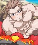  2boys bara beach blue_eyes brown_hair buranko! erection interspecies male_focus multiple_boys muscle npc_trainer ocean outdoors penis pokemon solo_focus yaoi 