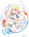  bangs bare_legs bikini blonde_hair blue_nails blue_sailor_collar blush bow breasts brown_eyes cleavage closed_mouth commentary_request eyebrows_visible_through_hair fingernails fish goldfish hair_between_eyes hair_bow holding holding_spoon long_hair nail_polish original pink_bow puffy_short_sleeves puffy_sleeves rougetsu sailor_collar sandals shaved_ice short_sleeves simple_background small_breasts smile solo spoon striped striped_bikini striped_bow swimsuit twintails twitter_username very_long_hair water white_background white_footwear wind_chime yellow_bow 