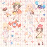  argyle argyle_background arm_up backpack bag bare_shoulders beanie beast_ball bell black_hair blonde_hair blue_eyes blush blush_stickers book bracelet braid brown_hair candy cd clefairy closed_eyes collarbone cosmog crystal doll dress dual_persona duffel_bag eyebrows_visible_through_hair floral_print flower flute food french_braid full_body gen_4_pokemon gen_7_pokemon green_eyes green_shorts hand_up happy hat hat_flower heart highres holding holding_poke_ball instrument jewelry jingle_bell kneehighs leg_up lillie_(pokemon) long_hair looking_at_viewer looking_down malasada mizuki_(pokemon) multiple_girls necklace one_eye_closed open_book open_mouth orange_shirt outstretched_arms pencil pink_background pink_flower pleated_skirt poke_ball poke_ball_(generic) poke_ball_theme pokemon pokemon_(creature) pokemon_(game) pokemon_sm pokemon_usum ponytail pouch pyukumuku red_footwear red_hat rotom rotom_dex see-through shiny shiny_hair shirt shoes short_hair short_shorts short_sleeves shorts simple_background skirt sleeveless sleeveless_dress sleeveless_shirt smile spaghetti_strap sparkle standing standing_on_one_leg sun_hat tied_shirt twin_braids white_dress white_footwear white_hat white_legwear white_shirt white_shorts white_skirt yellow_shirt zuizi 