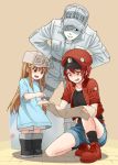  2girls absurdres ae-3803 baseball_cap belt bent_over black_eyes boots brown_background brown_eyes brown_hair cabbie_hat cross-laced_footwear denim denim_shorts hands_on_hips hat hataraku_saibou highres jacket lkqyan long_hair map multiple_girls no_pupils one_knee open_mouth pants platelet_(hataraku_saibou) pointing red_blood_cell_(hataraku_saibou) red_hair red_jacket rubber_boots shirt short_hair shorts sidelocks simple_background smile standing u-1146 white_blood_cell_(hataraku_saibou) white_hair yellow_eyes 