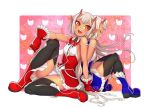  2girls bare_legs bare_shoulders blush boots breasts brown_eyes curvy dark_skin demon_girl dress eyes_closed female gloves grabbing happy horns lilith-soft long_hair looking_back multiple_girls oni_horns open_mouth panties partially_visible_vulva pointy_ears shiny shiny_skin short_hair siblings simple_background sisters sitting skirt small_breasts smile sophie_(taimanin_asagi) taimanin_(series) taimanin_asagi taimanin_asagi_battle_arena take_your_pick twins underwear very_long_hair white_background white_hair yuphie_(taimanin_asagi) zol 