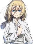  3: bangs blonde_hair blue_eyes christa_renz dress_shirt hair_between_eyes highres kimagure_blue long_hair long_sleeves looking_at_viewer low-tied_long_hair shingeki_no_kyojin shirt simple_background solo upper_body v-shaped_eyebrows white_background white_shirt 