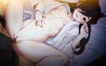 1boy 1girl bangs bed black_hair blush bow censored clockup erewhon flat_chest game_cg gentle_sasaki hair_bow hair_ornament hand_on_own_stomach happy_sex japanese_clothes kimono long_hair looking_at_viewer lying missionary nagami_kiyora navel nipples on_back open_clothes open_kimono open_mouth penis pussy pussy_juice red_eyes sex smile sweat vaginal 