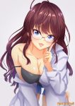  :3 artist_name bespectacled blue_eyes breasts brown_hair cleavage collarbone commentary_request glasses highres ichinose_shiki idolmaster idolmaster_cinderella_girls idolmaster_cinderella_girls_starlight_stage labcoat large_breasts leaning_forward long_hair namidako off_shoulder rimless_eyewear shorts solo spaghetti_strap strap_slip wavy_hair 