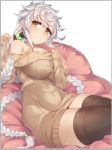  blush border braid breasts brown_legwear brown_pants brown_sweater closed_mouth eyebrows_visible_through_hair grey_border grey_hair hand_up huge_breasts inflatable_chair kantai_collection light_brown_eyes long_hair long_sleeves looking_at_viewer pants simple_background sitting sleeves_past_wrists solo sweater sweater_vest thighhighs unryuu_(kantai_collection) very_long_hair white_background yamaarashi 