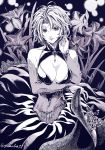  artist_name bare_shoulders breasts cleavage commentary_request detached_sleeves flower greyscale highres jewelry large_breasts looking_at_viewer millipen_(medium) monochrome original plant plant_girl short_hair signature smile solo traditional_media upper_body yukinbo78 