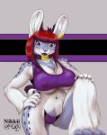  2018 anthro big_breasts bra breasts claws cleavage clothed clothing dipstick_tail dragon ear_piercing feline female fur hair hand_on_hip hand_on_knee hybrid inner_ear_fluff lagomorph leopard looking_at_viewer mammal multicolored_hair multicolored_tail navel navel_piercing nikkii nipple_bulge panties piercing purple_eyes rabbit simple_background smile snow_leopard solo spots spotted_fur under_boob underwear 