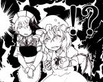 2girls apron bangs bat_wings blush braid brooch comic commentary_request constricted_pupils cowboy_shot eyebrows_visible_through_hair fang frilled_apron frilled_shirt frilled_shirt_collar frilled_skirt frilled_sleeves frills greyscale hair_ribbon hat hat_ribbon izayoi_sakuya jewelry koyubi_(littlefinger1988) looking_at_another maid maid_apron maid_headdress mob_cap monochrome multiple_girls open_mouth puffy_short_sleeves puffy_sleeves remilia_scarlet ribbon shirt short_hair short_sleeves skirt spoken_interrobang surprised sweatdrop touhou tress_ribbon twin_braids v_arms waist_apron wide-eyed wings wrist_cuffs 